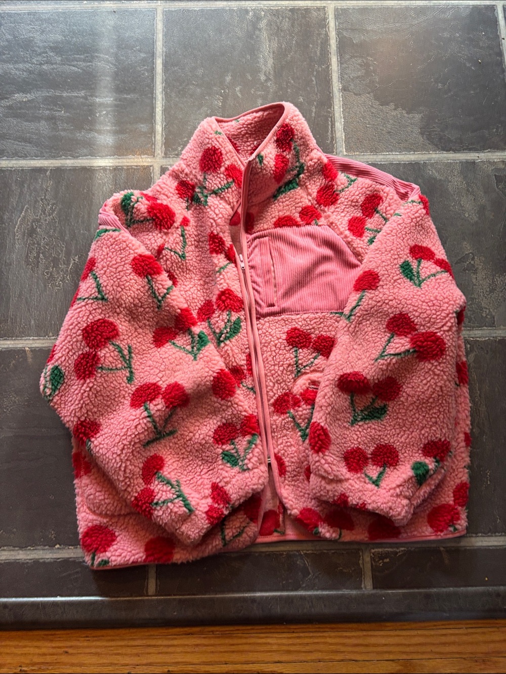 Pink Cherry-Print Sherpa Bomber Jacket